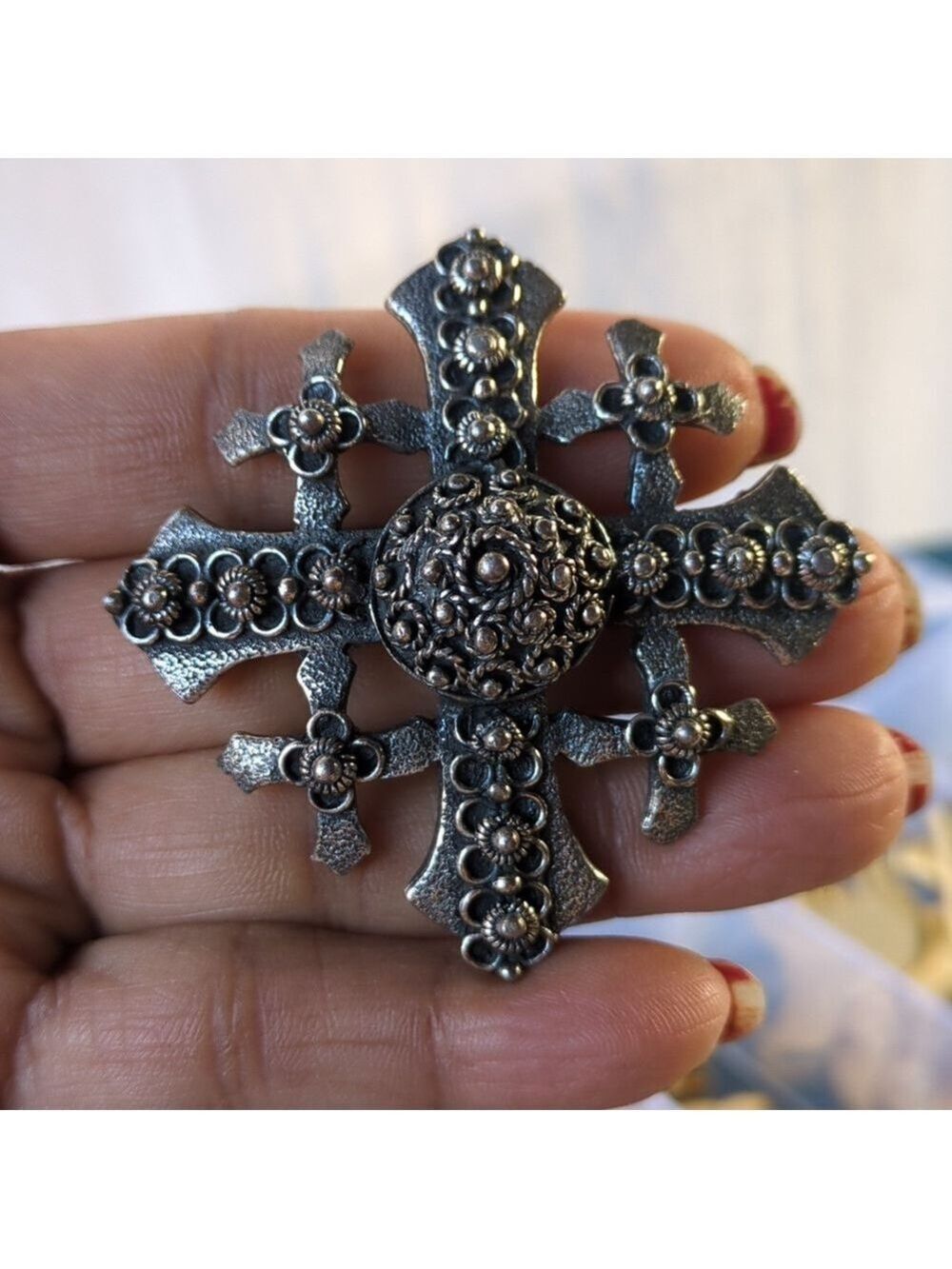 Jerusalem Cross Brooch Pin/Pendant Silver Tone Floral Ornate Vintage - Picture 7 of 7